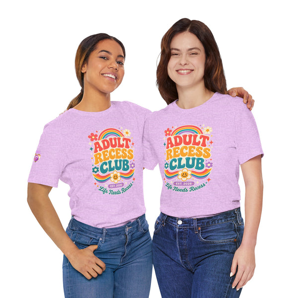 Adult Recess Club T-Shirt — Retro Rainbow Graphic Tee ("Life Needs Recess")