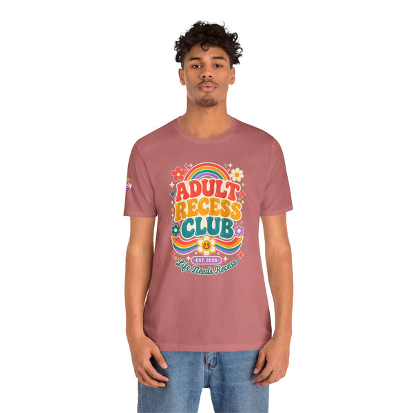 Adult Recess Club T-Shirt — Retro Rainbow Graphic Tee ("Life Needs Recess")