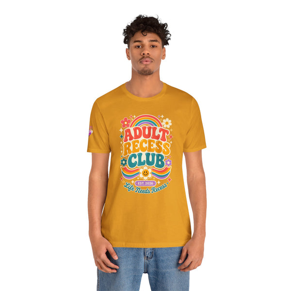 Adult Recess Club T-Shirt — Retro Rainbow Graphic Tee ("Life Needs Recess")
