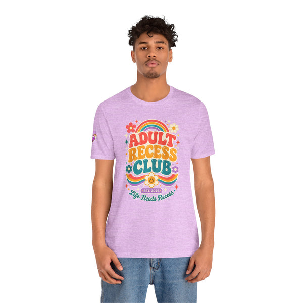 Adult Recess Club T-Shirt — Retro Rainbow Graphic Tee ("Life Needs Recess")