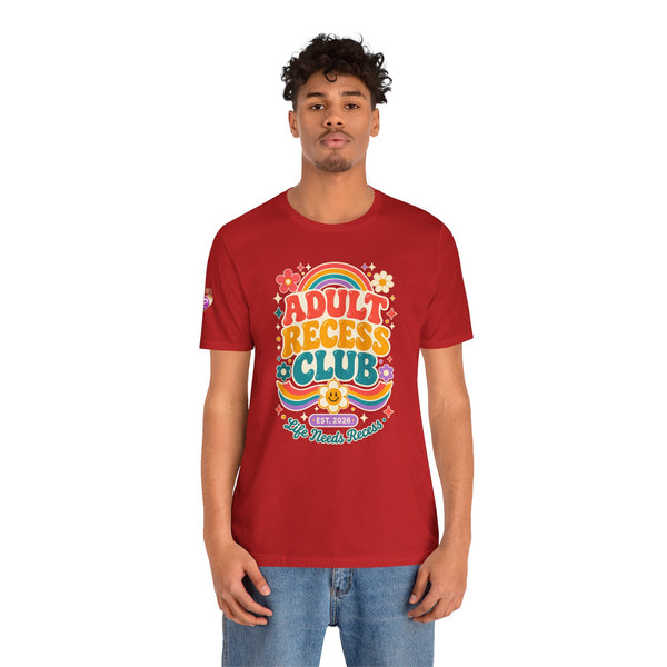 Adult Recess Club T-Shirt — Retro Rainbow Graphic Tee ("Life Needs Recess")